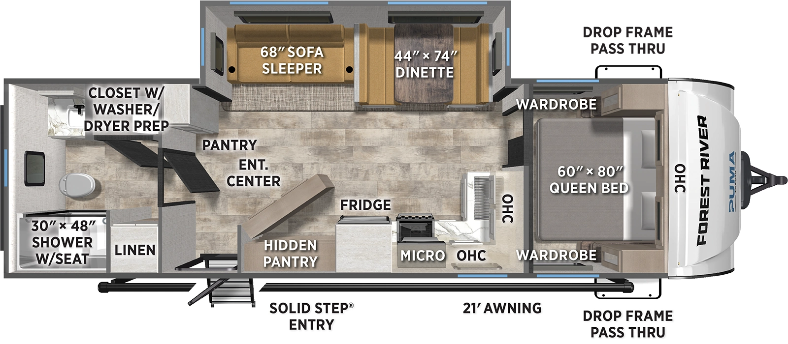The Puma Tracks 2580RBSS floorplan has one entry and one slide out. Exterior features include: fiberglass exterior and 21' awning. Interiors features include: front bedroom and rear bathroom.